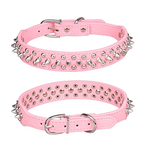 Spiked Dog Collar Small Rivet Spike Studded Puppy Girl Female Boy Little Pet Kitten Adjustable Collars for Cats Cute Soft Pu Leather Spiky Stud Collar New Pink L - Image 3