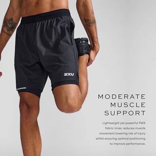 2XU Men's Aero 2-in-1 7 Inch Shorts - Powerful Muscle Support and Compression - Black/Silver Reflective4