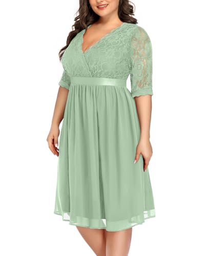 Image of Pinup Fashion Plus Size Lace Chiffon Wrap V Neck Dresses Women Cocktail Wedding Guest Midi Dress