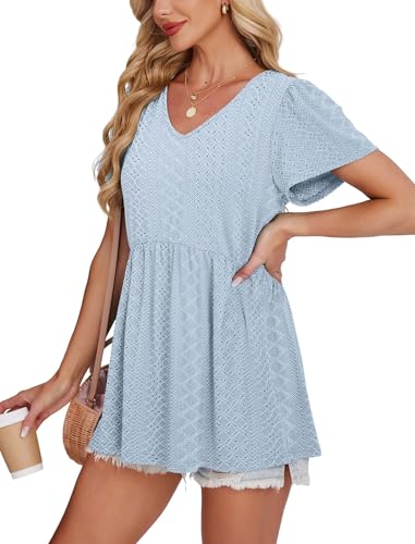 Image of OFEEFAN Womens Summer Tops Babydoll Short Sleeve Shirts Puff Sleeve Peplum Tops V Neck T Shirts