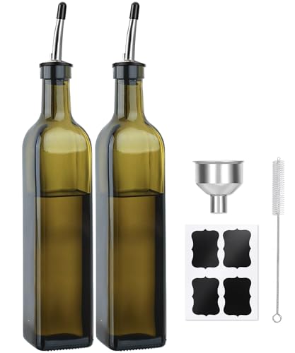TFPOGOLD 2-Pack Olive Oil Dispenser Bottle Set - 17oz/500ml Dark Green Glass Oil and Vinegar Bottles for Kitchen, Includes 2 Stainless Steel Pourers, Funnel, Brush & 4 Chalkboard Labels