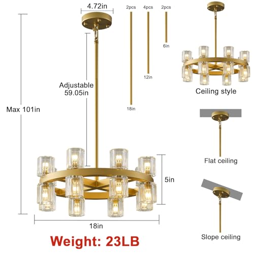 Image of 18 Inch Gold Wagon Wheel Chandelier with Crystal Shade, 16 Lights, Large Round Modern Farmhouse Style, Perfect for Living Room, Dining Room, Bedroom, Foyer, Bathroom