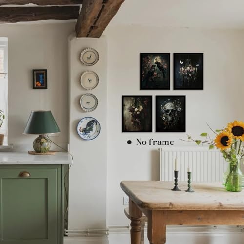 Image of WEFKODO Vintage Dark Academia Gothic Wall Decor, Vintage Moody Gothic Wall Art for Home Bedroom Bathroom Living Room Dorm College, Crow Skull Flower Goth Room Decor Posters Prints 4Pcs, 8x10 Unframed