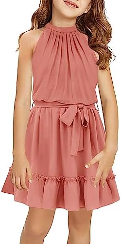 Newffr Girl&#39;s Halter Neck Sleeveless Summer Dress Tie Waist A-line Sundress Mini Swing Pleated Dress for Girls 4-12
