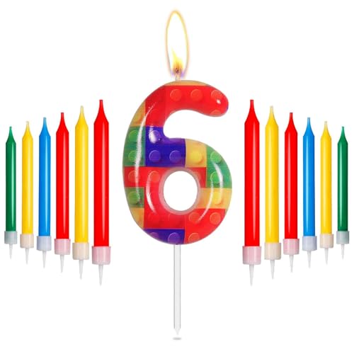 mciskin Candele di Compleanno con Mattoncini, Candele per Torta Numero 6 Rosse, Gialle, Verdi, Blu, Candele per Feste Pixel, Candele per Torta di Compleanno a Tema Mattoncini per Ragazzi Ragazze Décor