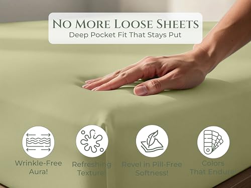 Image of Royale Linens 100% Organic Cotton Full Fitted Sheet Only - Percale Weave - Super Soft Deep Pocket Bottom Sheets - Sage Green Elastic Sheet - Full Size Fitted Sheets Only - (54 inchx75 inch+15 inch, Sage Green)