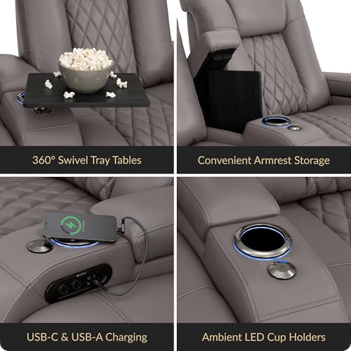 Image of Seatcraft Diamante Gray Italian Leather Home Theater Seating, Zero Gravity Power Recliner Gaming and Home Office Chair, Powered Headrest Lounge Sofa Furniture for Cinema Room, Row of 3 Sofa