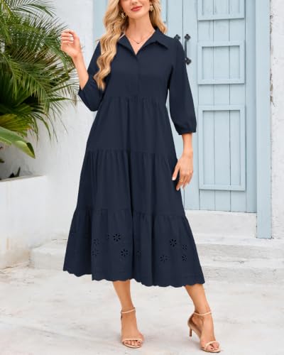 Image of Women Button Down Maxi Shirt Dress Long Sleeve Flowy Tiered Collared Dresses with Pockets
