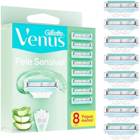 Embalagem frontal do Gillette Venus Pele Sensível com 8 refis e ilustração de aloe vera