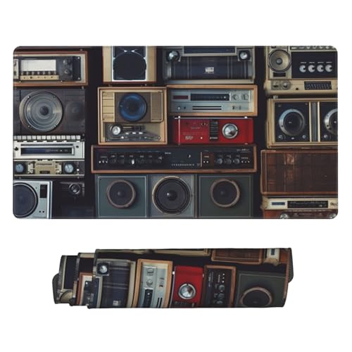 Large Gaming Mouse Pad with Non-Slip Rubber Base, Vintage Wall of Radio Boombox Mouse Mat with Stitched Edge, Extended Desk mat for Laptop Desk Pad 16x29.5, Desk Writing Pad for Office and Home