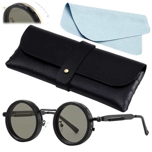 GZGRYTRC Adjustable Tint Sunglasses, 9-Level Lenses Darkness Adjustment, Round Polarized Adjustable Sunglasses, Retro Style with Case and Cloth