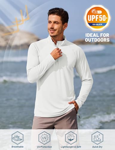 TACVASEN Herren UV Shirts Langarm mit 1/4 Zip Atmungsaktiv Sonnenschutz Outdoor Wasser Fishing Oberteil Rash Guards, Weiß, L