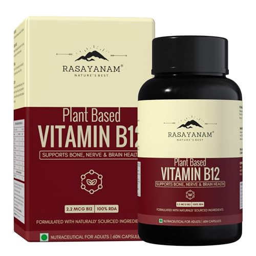Rasayanam Plant Based Vitamin B12 Supplement For Men & Women | Organic Formulation For Vegetarians & Vegans To Support Nervous System & Brain Function - 60 Veg. Capsules