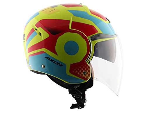 Image of Axor Striker Ultron ISI ECE DOT Certified Lightweight Open Face Dual Visor Helmet for Men and Women with Outer Clear Visor and Inner Smoke Sun Visor Neon Yellow Red(XL)