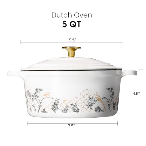 image for CAROTE 5QT Cast Iron Dutch Oven Pot with Lid, Enameled Floral Dutch Ov