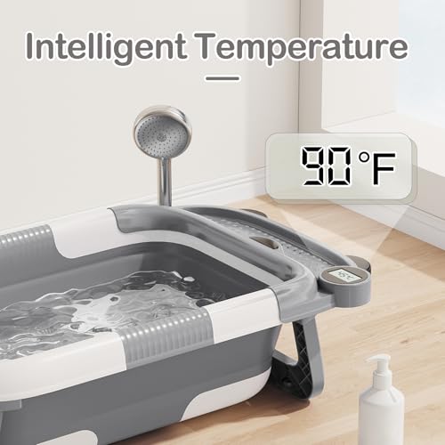 Image of Collapsible Baby Bathtub for Newborn with Real-time Temp Monitor + Soft Floating Cushion Durable Foldable Baby Tubs for Infants to Toddler, Portable Travel Bathtub with Drain Hole Grey