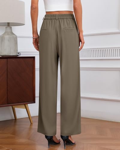 Neer Women's Wide Leg Dress Pants, High Waisted Elastic in The Back Work Trousers with Pockets Business Casual Office Slacks(Ash Brown,L)3