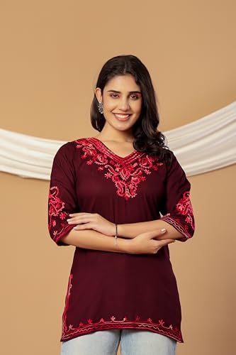 Image of Rayon Kashmiri Embroidered Short Kurti for Women | V-Neck Tunic Top with 3 /4 Sleeves | Floral Design Indo-Western Kurti for Jeans & Leggings