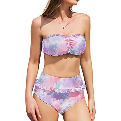 Women Strapless Bandeau Bikini Swimsuit, Knot Floral Plaid Ruched Bathing Suit, Tie Dye, Small Cover