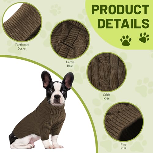 Image of Small Dog Thermal Pullover Sweater, Classic Turtleneck Cable Knitwear Dog Clothes for Cold Weather Warm Pet Clothes for Chihuahua, Bulldog, Dachshund, Pug Tan Medium