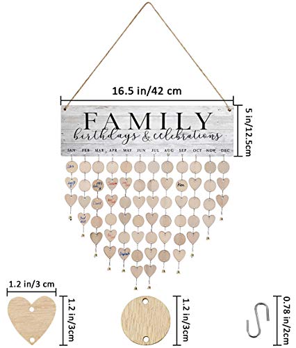 Atobart Family Birthday Board - Diy Wooden Decorative Tracker Plaque Wall Hanging Decor With 100 Wood Slices 1 Adhesive Hooks 12Pcs Small Gold Bell And 1 Marker Pen #TOP2
