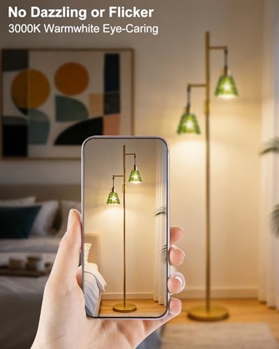 Image of 2-Light Modern Glass Floor Lamp, Gold Standing Tall Lamp with Green Shell Glass Shade, Dimmable LED Floor Lamp with 5Lbs Heavy Base for Living Room Bedroom Home Decor, Bulb Included