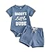 Polinkety Newborn Baby Boy Summer Outfit Set Letter Embroidery Crew Neck Romper Jumpsuits Shorts Cute Infant Waffle Clothes (Daddy's Little Dude Blue, 0-3 Months)