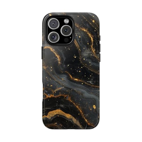 Coque iPhone 16 Pro Max résistante - Motif marbre noir et doré brillant