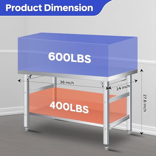 Folding Stainless Steel Table (36x24 in) - Commercial Work Table with Undershelf, 920 lbs Load, Foldable Double-Tier Stainless Steel Workstation for Home, Kitchen, Restaurant, Garage, Camping, Outdoor