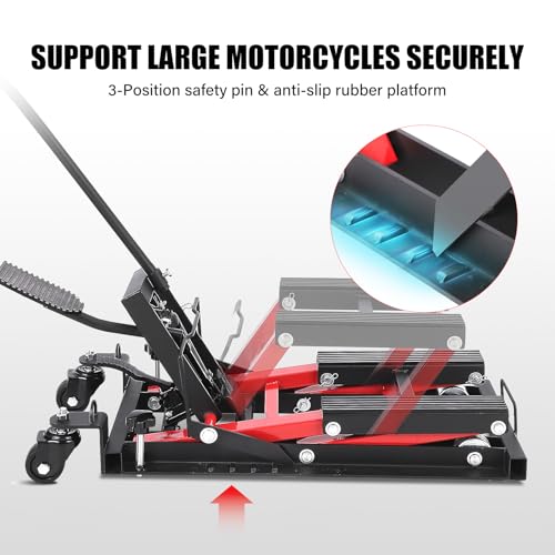 Image of GarveeTech Hydraulic Motorcycle Lift Jack, 1500 LBS Capacity Scissor Lift Jack with 4 Wheels and Handle, Portable Foot-Operated Hoist Stand Motorcycle Lift Table for ATV, Motorcycle, UTV, Powersports
