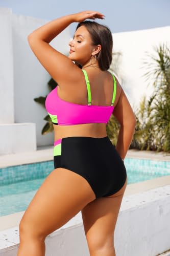 Image of Tempt Me Plus Size High Waisted Two Piece Swimsuit Color Block Bikini Set | Removable Padded Cups for Large Bust, Twist front Design, Color Block Style, Adjustable Straps