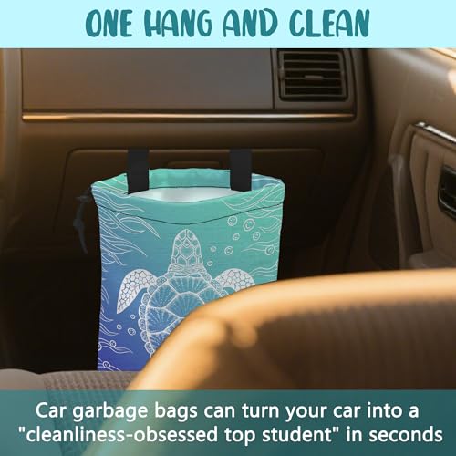 Image of Car Trash Bag Abstract Blue Sea Turtle Hanging Drawstring Car Organizer and Storage Bag with Adjustable Buckle Canvas Garbage Bin for Back Seat or Hanging Headrest Car Decor Road Trip Essentials