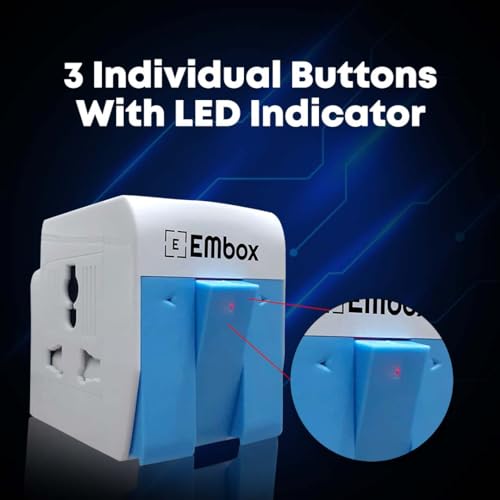 Image of EMBOX 3 Pin Multi Plug Adapter with Individual Switch 3 Pin Plug Socket Safety Shutter Spike Buster Fuse Protected Adapter 3 Way Plug Extension for Home Office Travel-5A-250V, Pack of 2 Blue