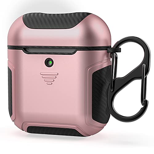 Designed for Airpods Cover Case,ORETECH Designed for Airpods 1&Airpods 2 Case Heavy Duty 2 in 1 Protective Hard PC Rubber Carbon Fiber Cover with Carabiner for Airpods 1&2 [LED Visible]-Rosegold