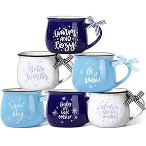 Zubebe 6 Pieces Winter Coffee Mugs Snowflake Ceramic Cups Tumbler Hot Cocoa Mugs Gift Set for Christmas Holiday Tiered Tray Coffee Bar Decorations