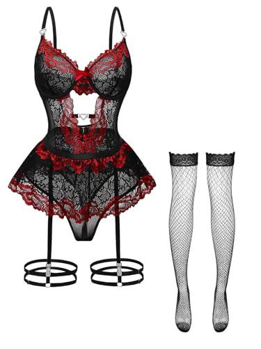 Image of Foxiny Sexy Lingerie Set 3 Piece Women Corset Bodysuit | Sheer Mesh Lace Push-Up Underwire Heart Garter Stocking Plus Size Curvy Exotic Costume Halloween Christmas Valentine's Day
