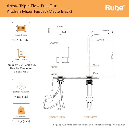 Image of Ruhe Arrow Triple Flow Pull-out Kitchen Mixer Faucet - Matte Black | Sprayer Faucet | Single Lever Tap | 360 Swivel | Hot & Cold Water | Table Mounted Kitchen Sink Tap
