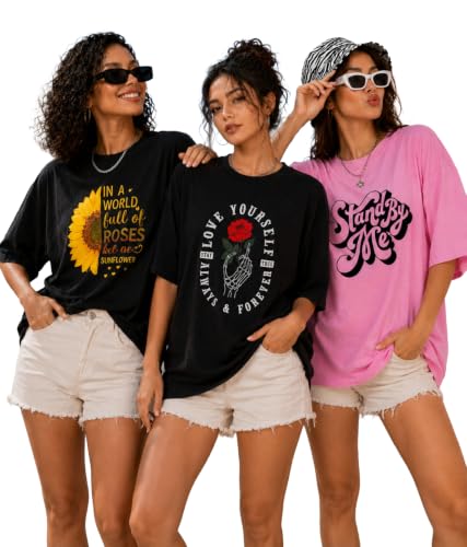 Image of London Hills Oversized Tshirt for Woman | t Shirt for Woman Oversized Fit Printed Round Neck | Tops for Woman's | Women t Shirt Loose Fit Drop Shoulder | t Shirts for Women | Western Tops