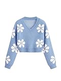 SHENHE Girl's Floral Print V Neck Long Sleeve Knitted Cropped Sweater Jumper Tops Blue 11-12Y