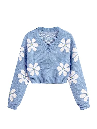 SHENHE Girl's Floral Print V Neck Long Sleeve Knitted Cropped Sweater Jumper Tops Blue 11-12Y