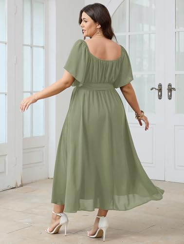 Image of SCOMCHIC Womens Plus Size Formal Dresses Off The Shoulder Wedding Guest Cocktail A-Line Split Maxi Dress with Pockets