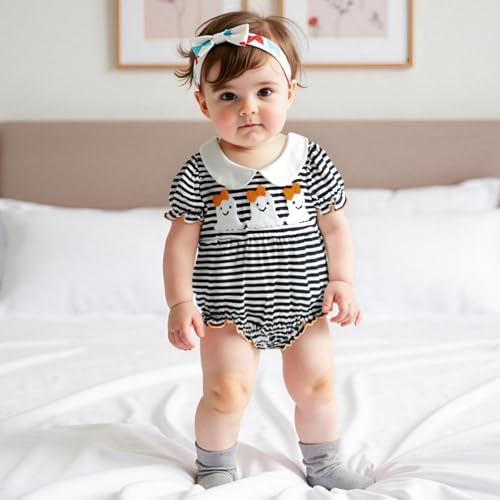 Halloween Baby Girl Clothes Pumpkin Embroidery Bubble Romper Short Sleeve Smocked Bodysuit Newborn Fall Outfit2