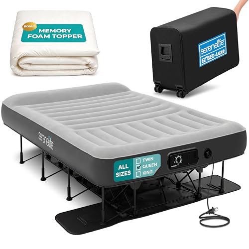 SereneLife (Queen) EZ Bed Luxe Air Mattress with Frame and Rolling Case - Luxury Series with Bonus Memory Foam Cover Constant Comfort Pressure Maintaining Pump Built-in Headrest Wall Plug AC