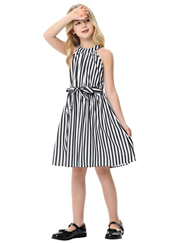 Geru Girl's Halter Neck Cold Shoulder Sleeveless Summer Casual Sundress A-Line Dress With Belt S-Black #TOP4