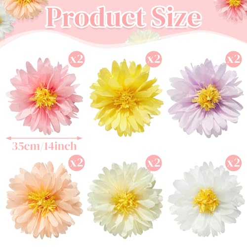SUNBEAUTY Daisy Paper Flower Pom Poms 14‘’ Large Tissue Flower Spring Pink Fans Decorations for Wall Backdrop Baby Shower Garden Wedding Tea Party Decor - 12Pcs