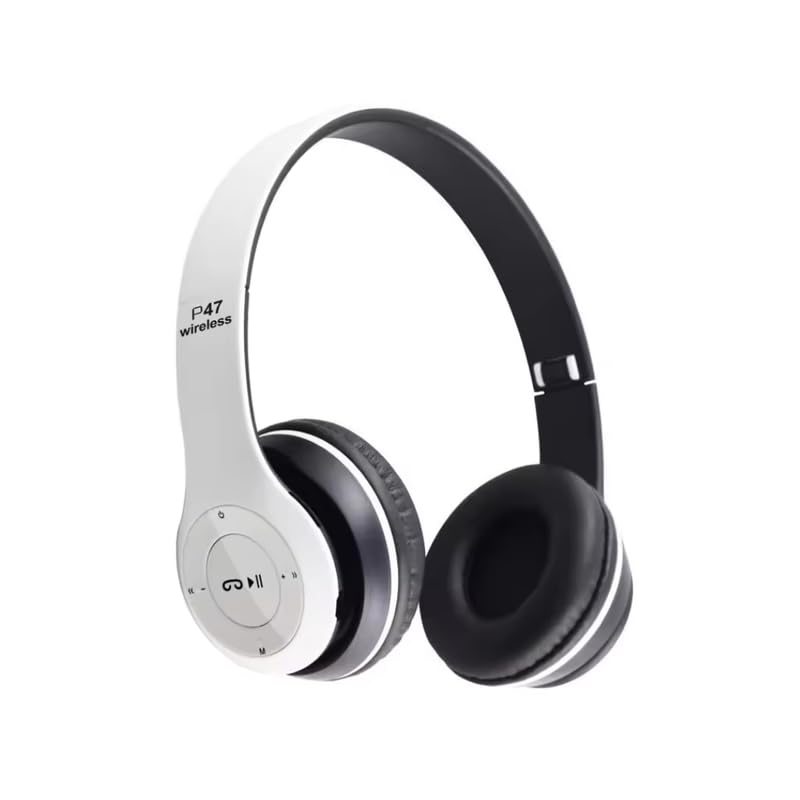 p47 headphones gaming bluetooth wireless folding headset over ear eardphone with mic active noise cancellation over earheadphones (white)