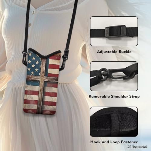 Image of Small Cell Phone Crossbody Bag for Women Men Waterproof Neoprene Phone Bag Purse with Shoulder Strap Multifunctional Travel Bag for Cellphone, Keys, Lipstick, American Flag Cross Pattern