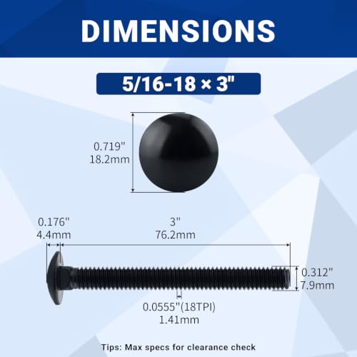 Image of 5 /16-18 x 3 inch Black Carriage Bolts with Nuts and Washers Kits (10 Sets), 304 Stainless Steel 18 /8, Black Finish, Round Head, Square Neck, Heavy Duty Bolts, Indoor Outdoor Fastening Bolts, Fayeploo