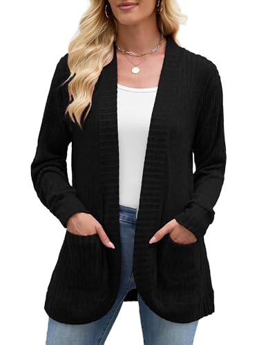 Image of Heymoments Women Long Sleeve Open Front Cardigan Black Large Casual Lightweight 2025 Fall Winter Swearter Ladies Loose Knit Outwear Coats with Pockets