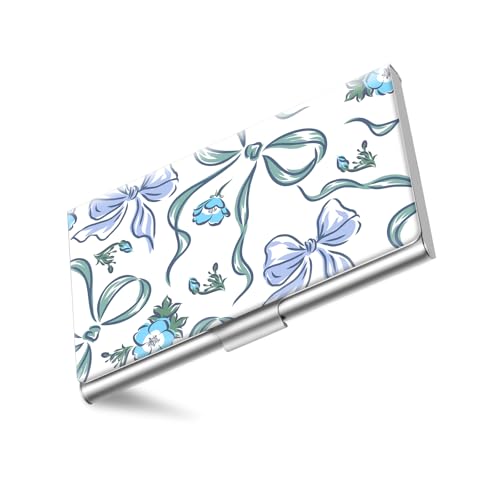 Business Card Holder, Stainless Steel Card Case, Metal Men's and Women's Business Card Case, Cute Buckle Style Card Holder, Wallet Credit ID Case for Office Blue Bows